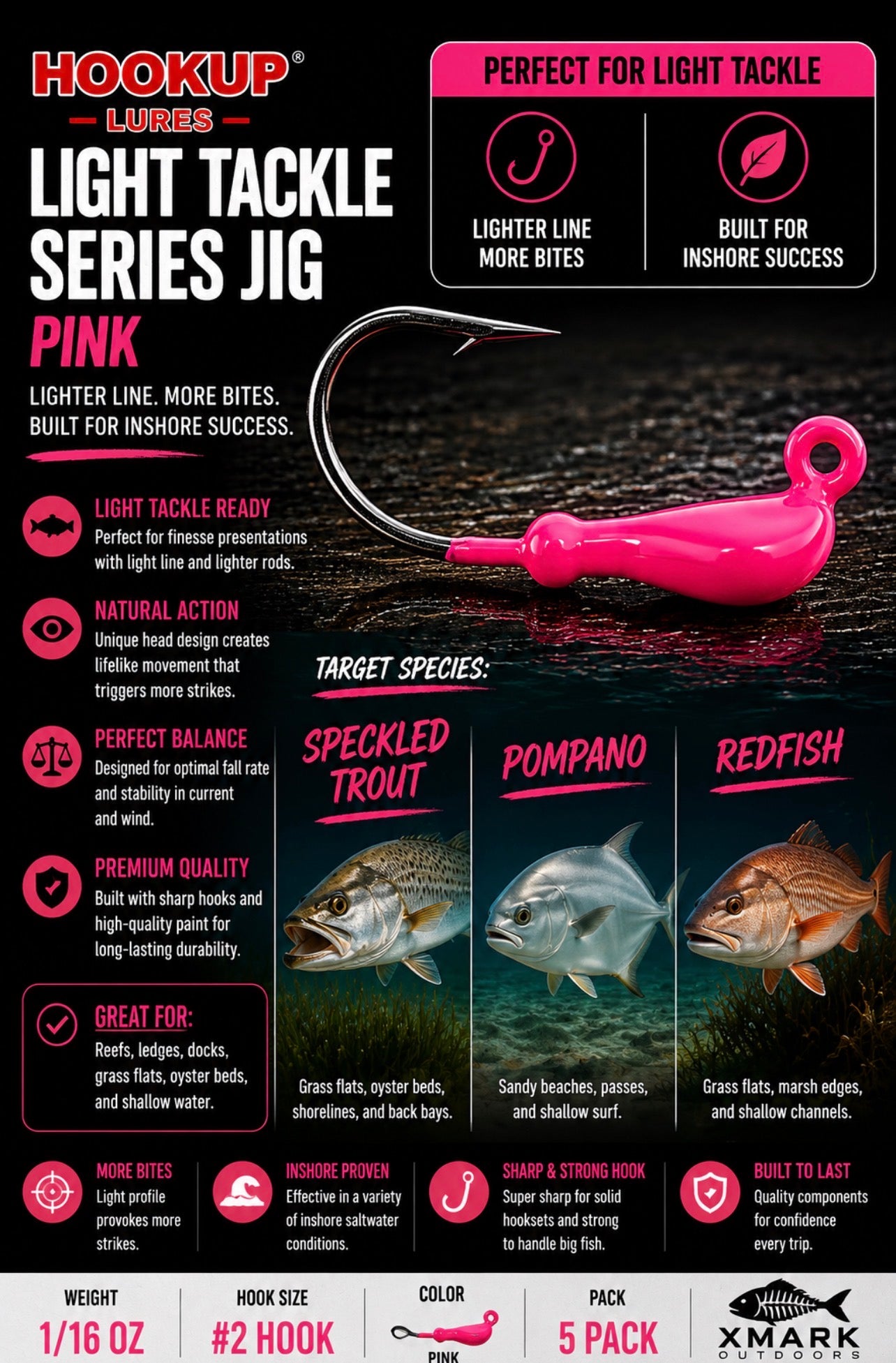 Hookup Lures Light Tackle Series Jig Head 1/16 oz #2 Hook (5 pack)