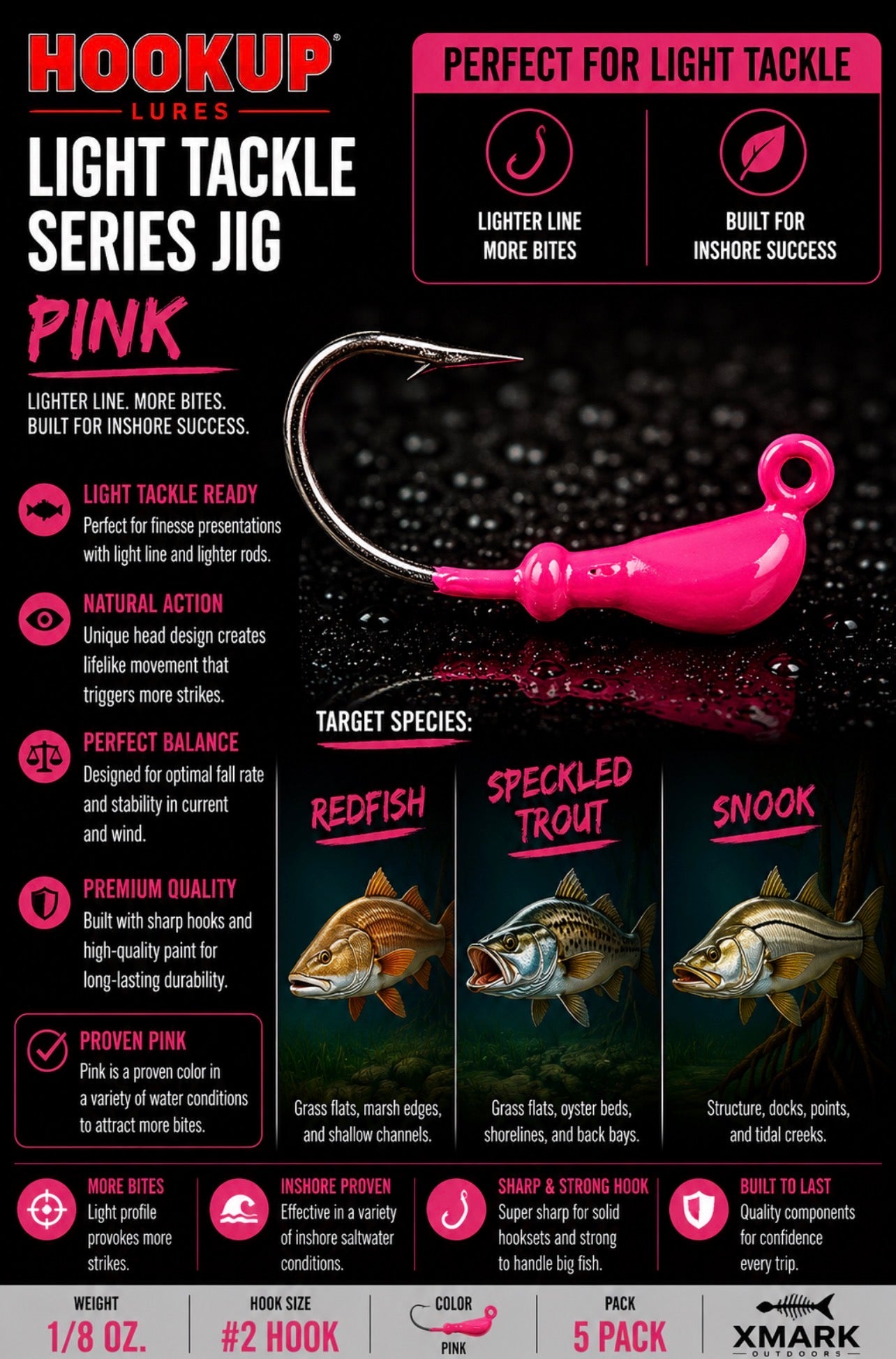Hookup Lures Light Tackle Series Jig Head 1/8 oz #2 Hook (5 Pack)