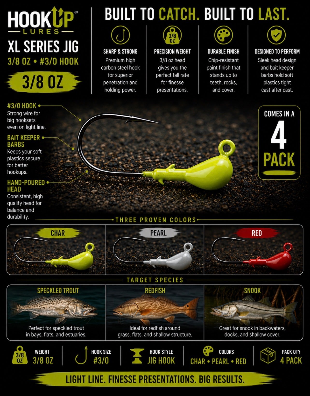 Hookup Lures XL Series Jig Head 3/8 oz 3/0 Hook (4 Pack)