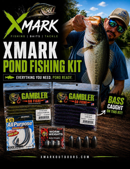 Xmark Outdoors Pond Fishing Kit with Gambler Fat Ace soft plastics, hooks, weights, and bass fishing gear designed for pond fishing success.