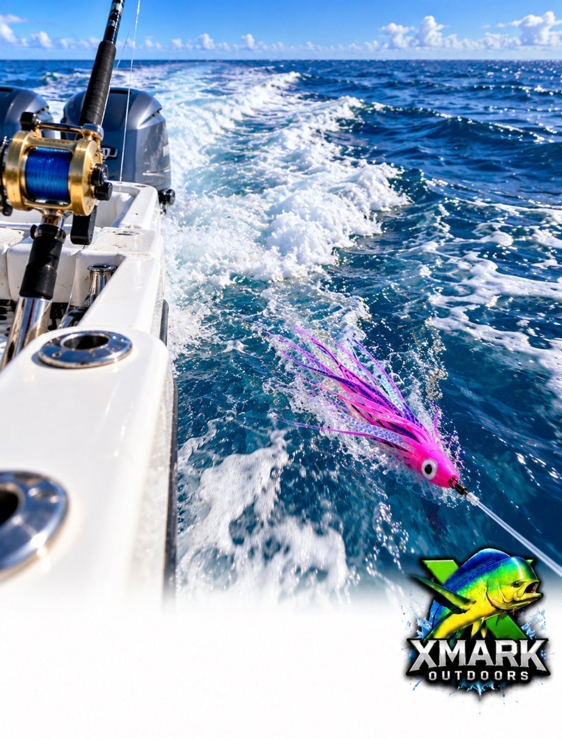 Offshore boat viewed from astern at trolling speed with a squid-style trolling lure clearly visible running in the wake beside the boat.