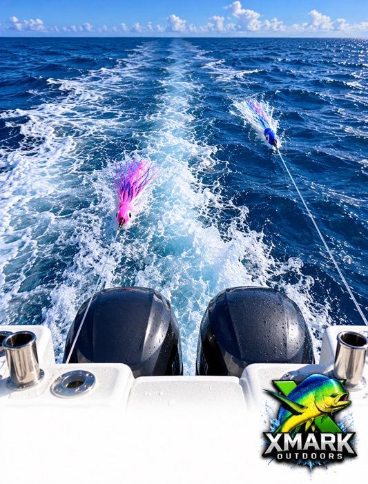 2 different size lures traveling behind a boat offshore