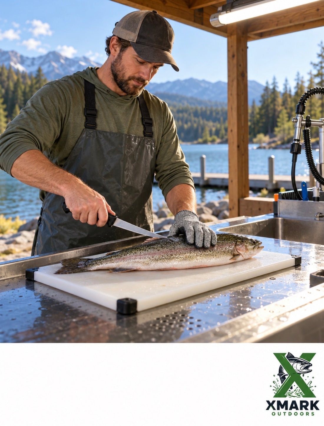 An angler working at a well-organized outdoor fish-cleaning station. A whole fish is secured on a flat board, good overhead lighting visible, fillet knife held safely by the handle with the cutting edge directed away from the supporting hand.