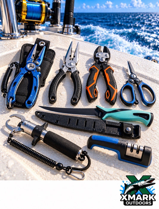 Essential saltwater fishing tools including fishing pliers, hook and wire cutters, braid scissors, fillet knife, fish gripper, and sharpener on an offshore boat deck.