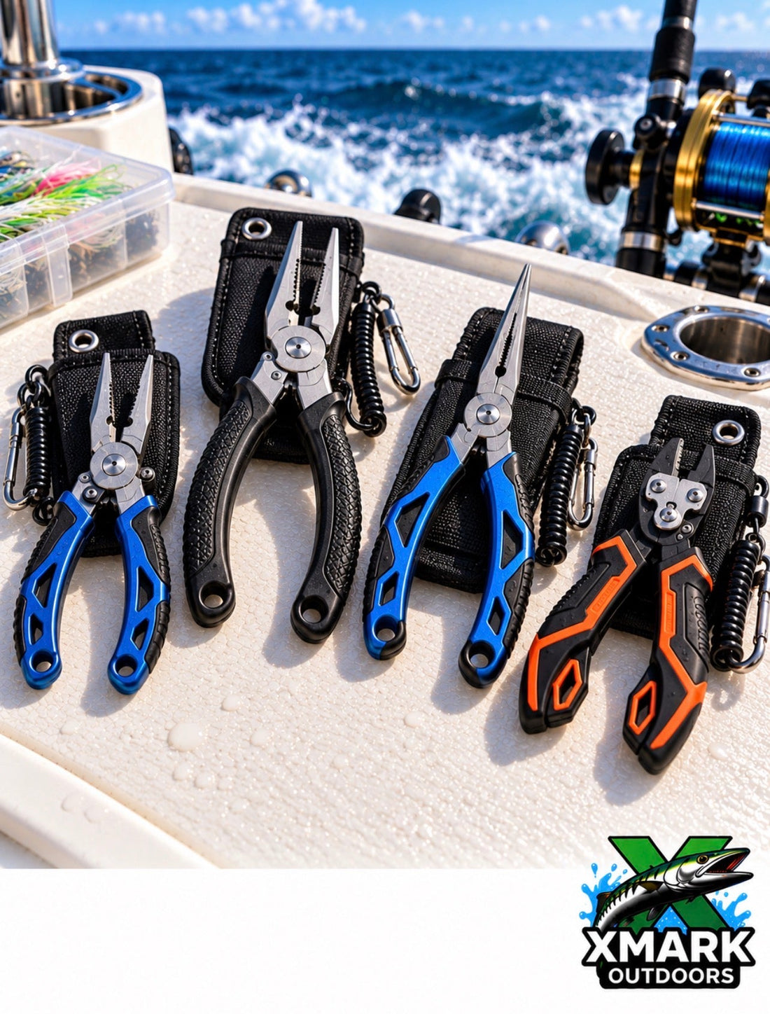 Four styles of saltwater fishing pliers with protective sheaths arranged on a white boat deck, with ocean waves in the background and Xmark Outdoors logo.