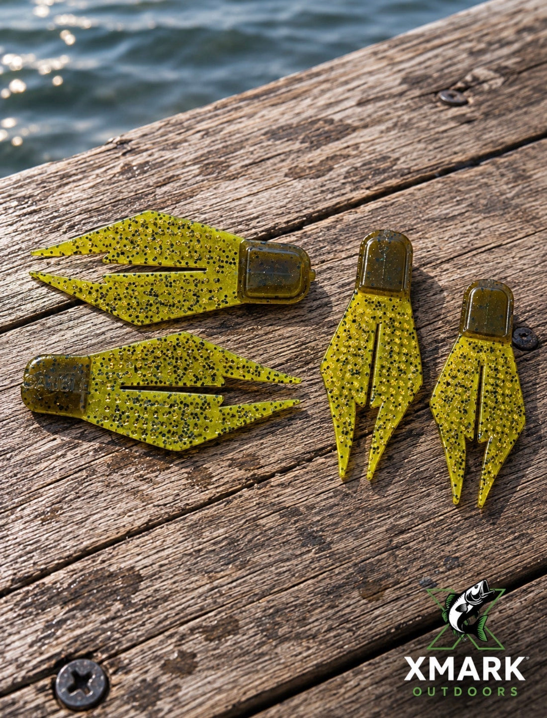 Three jig trailer types — craw, chunk, and paddle tail swimbait — compared side by side