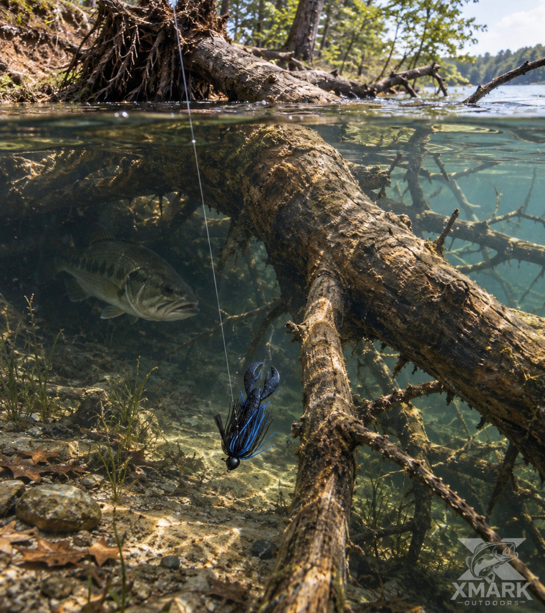 Bass jig being pitched beside a realistic laydown — trunk, submerged limbs and root ball visible in natural water.