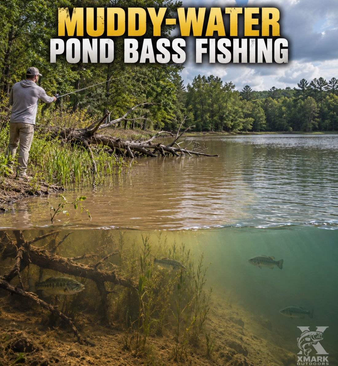 Muddy-water pond bass fishing scene. Bank angler targeting visibly stained/muddy pond water near a laydown, vegetation edge, and a subtle cleaner-water transition.