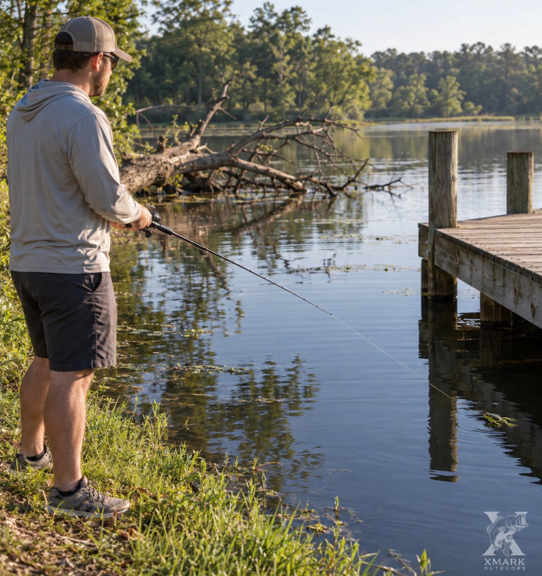 angler is working an unbent rod, with a visible line to the surface frog beside the unoccupied dock