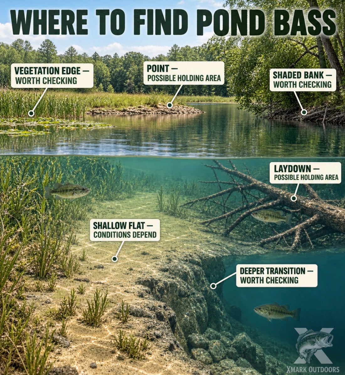Pond bass location guide showing a realistic pond with vegetation edges, a point, shaded bank, laydown, shallow flat and deeper transition as possible holding areas. 