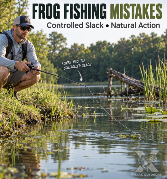 bass angler correcting a common frog-fishing mistake while working a properly rigged surface frog near vegetation, open lanes, shade and isolated cover.