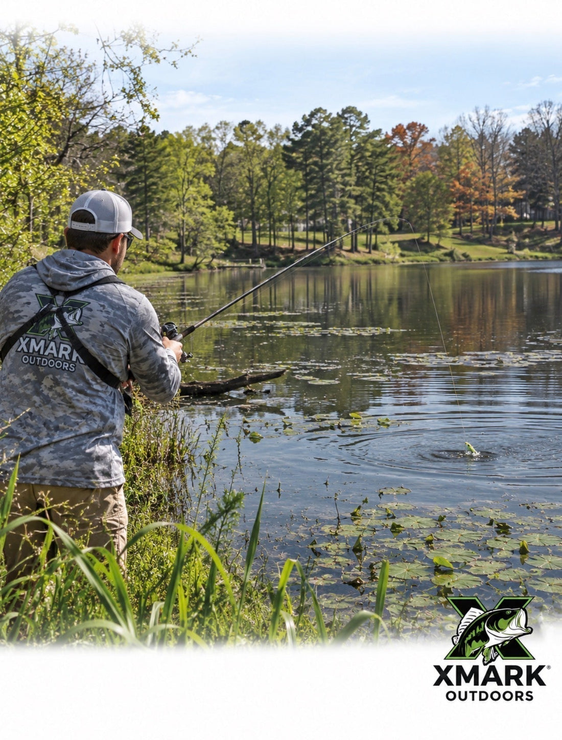 Bass angler fishing a surface frog on a pond with spring, summer and fall cues plus a winter reference. Includes vegetation edges, shade, open lanes and a point without implying frogs work equally well every season.