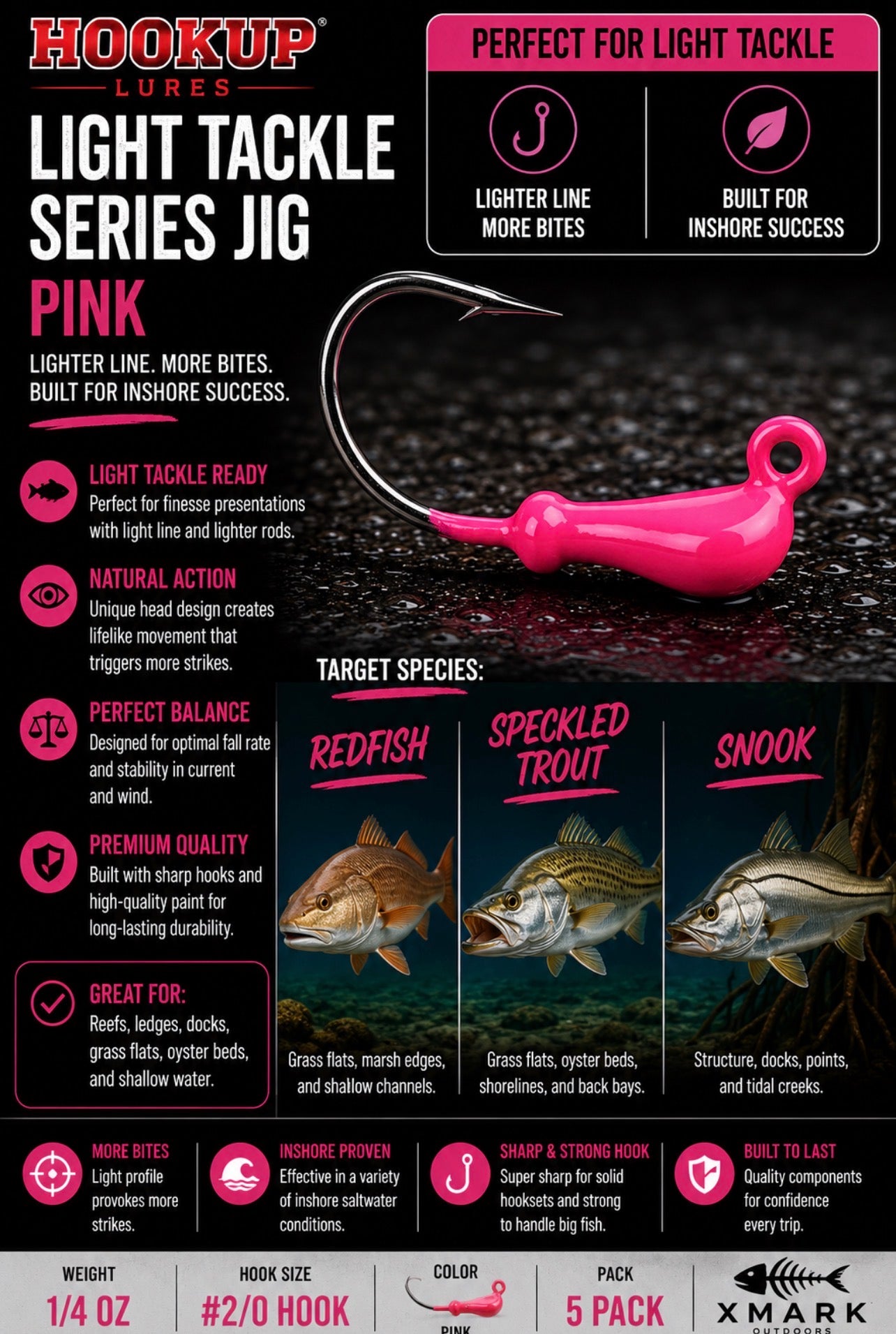 Hookup Lures Light Tackle Series Jig Head 1/4 oz 2/0 Hook (5 Pack)