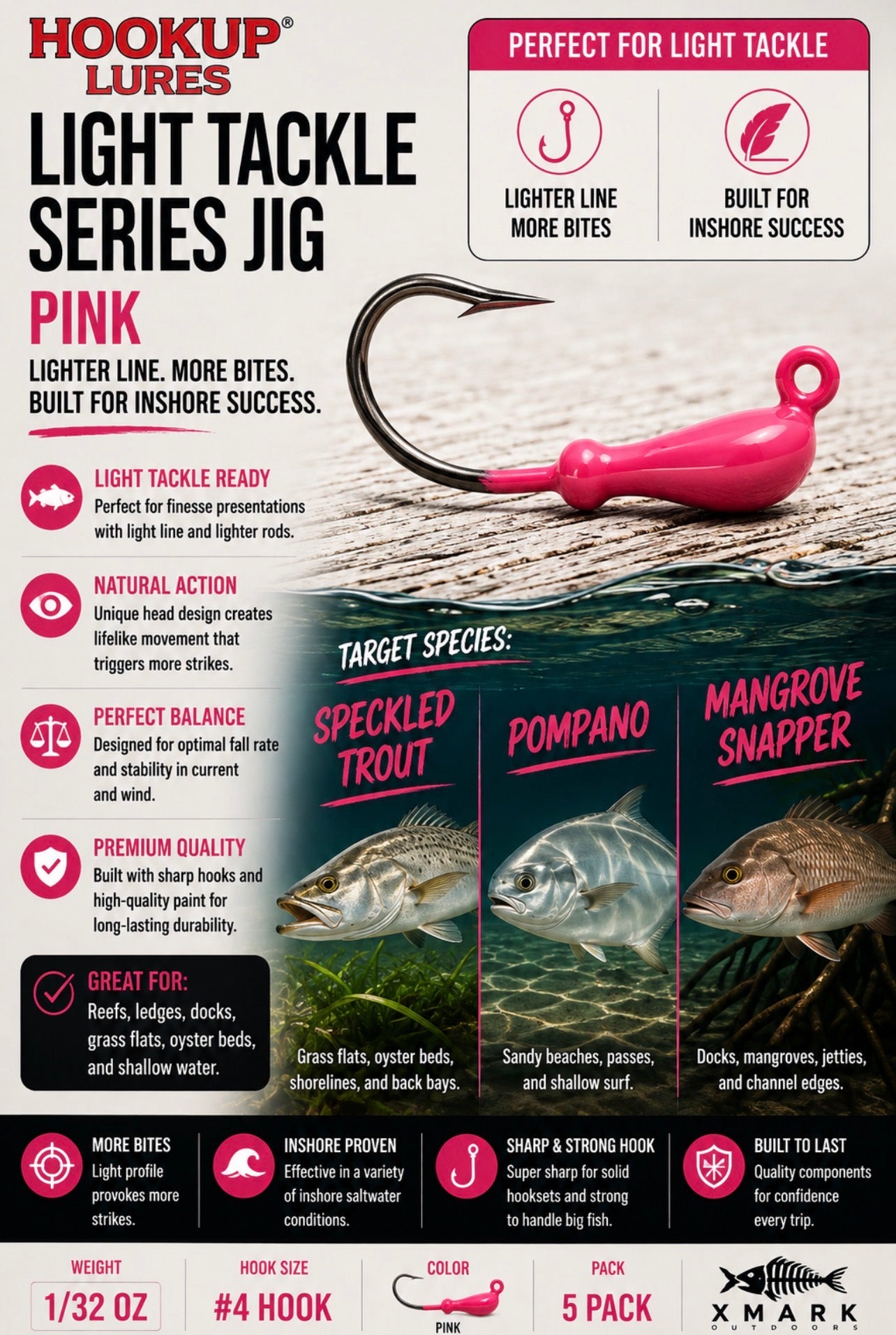 Hookup Lures Light Tackle Series Jig Head 1/32 oz #4 Hook (5 Pack)