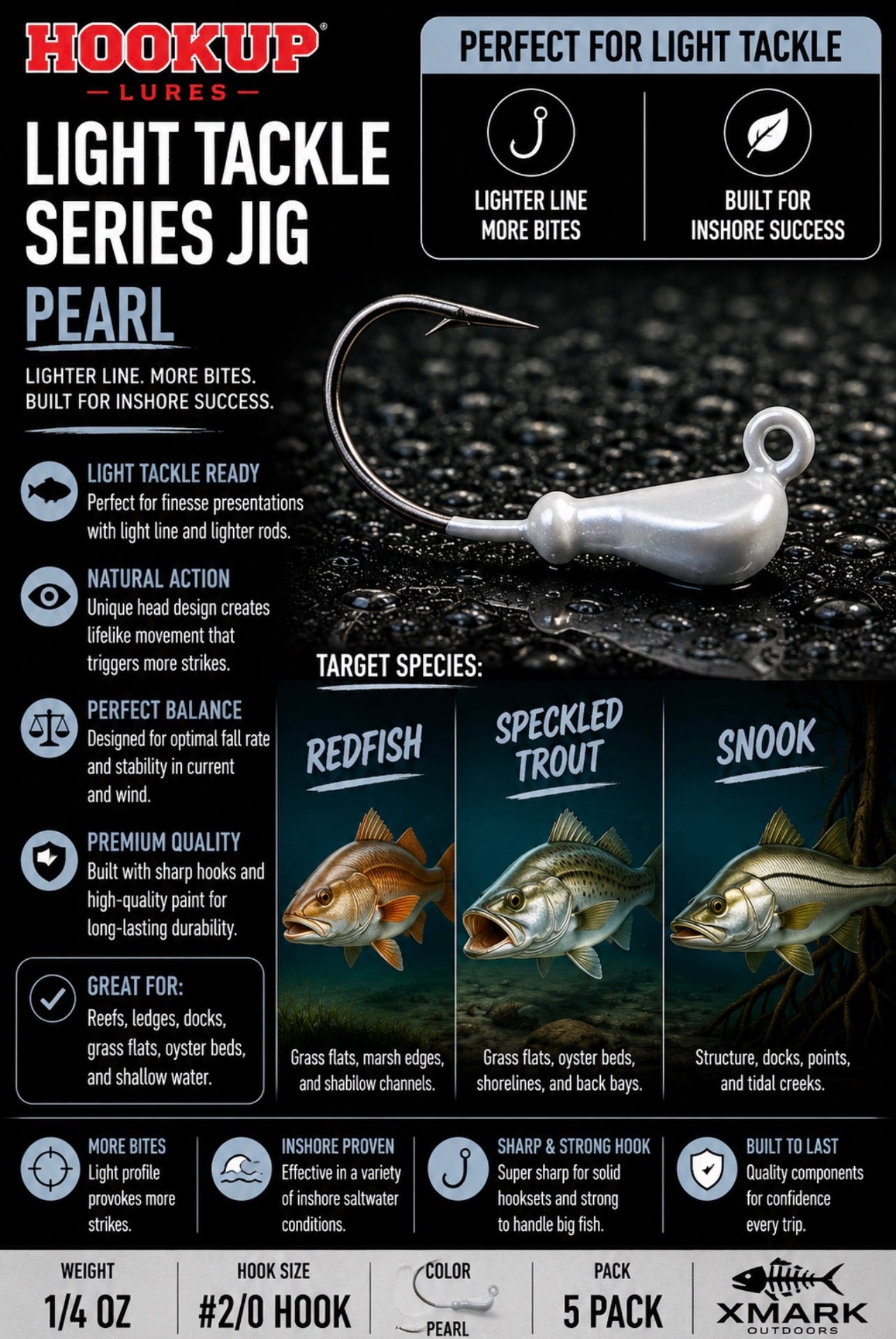 Hookup Lures Light Tackle Series Jig Head 1/4 oz 2/0 Hook (5 Pack)