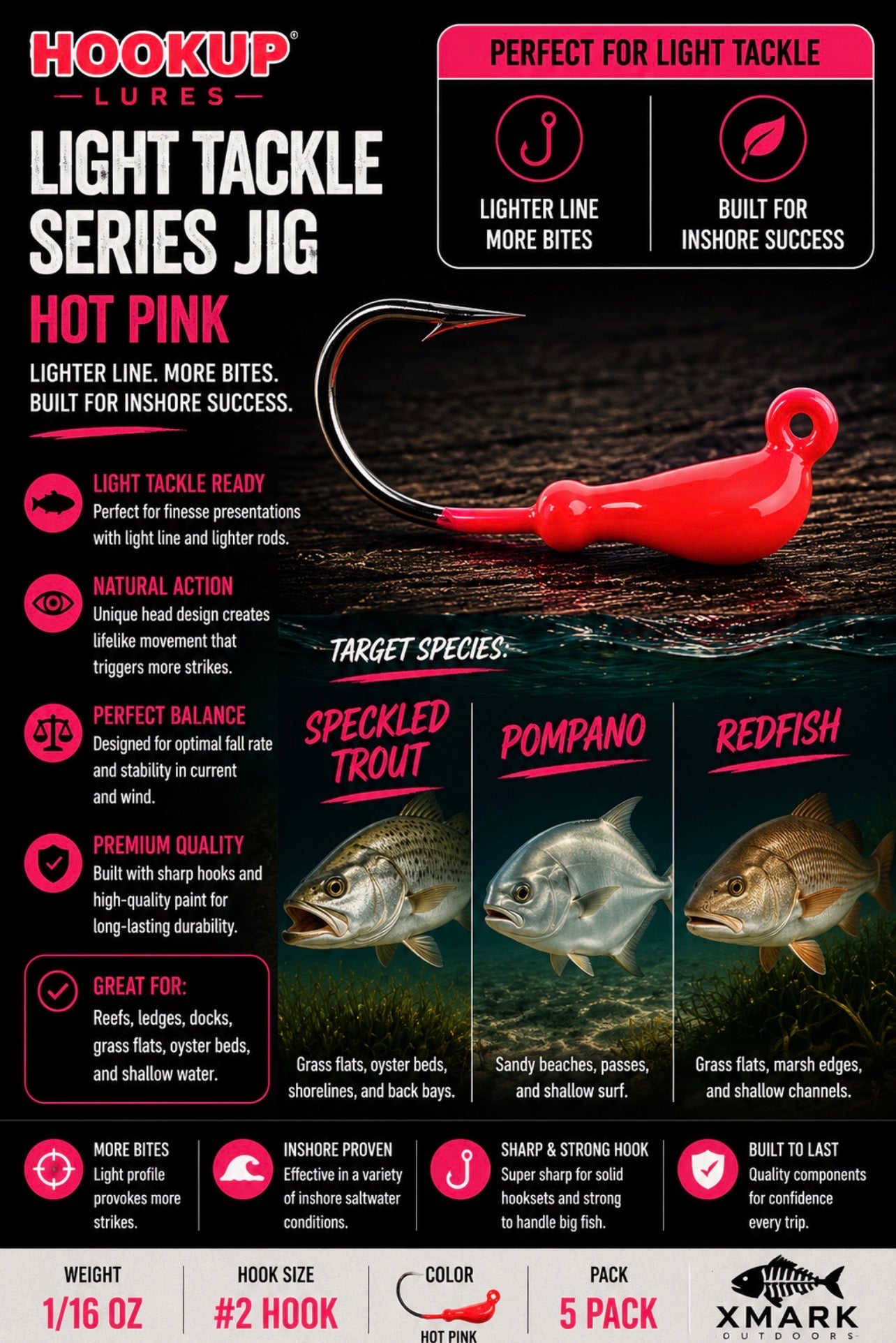 Hookup Lures Light Tackle Series Jig Head 1/16 oz #2 Hook (5 pack)