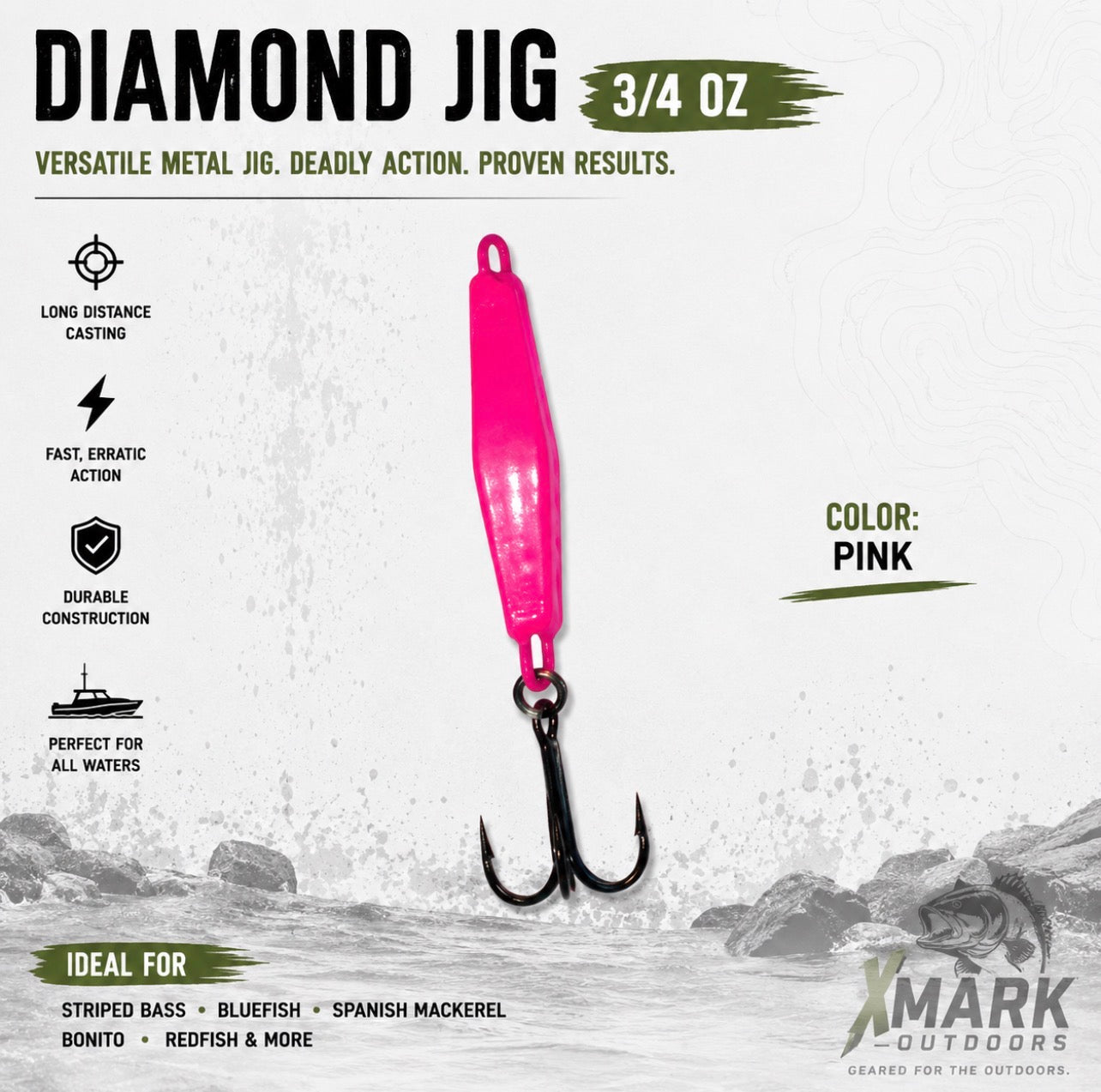 Hookup Lures Diamond Jig 3/4 oz | White, Chartreuse & Pink