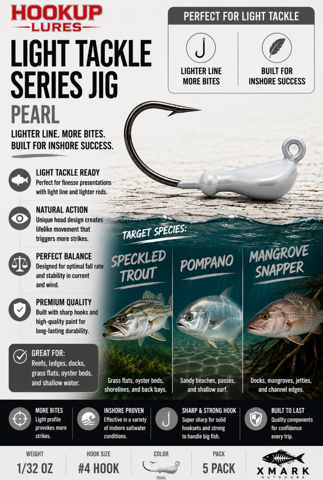 Hookup Lures Light Tackle Series Jig Head 1/32 oz #4 Hook (5 Pack)