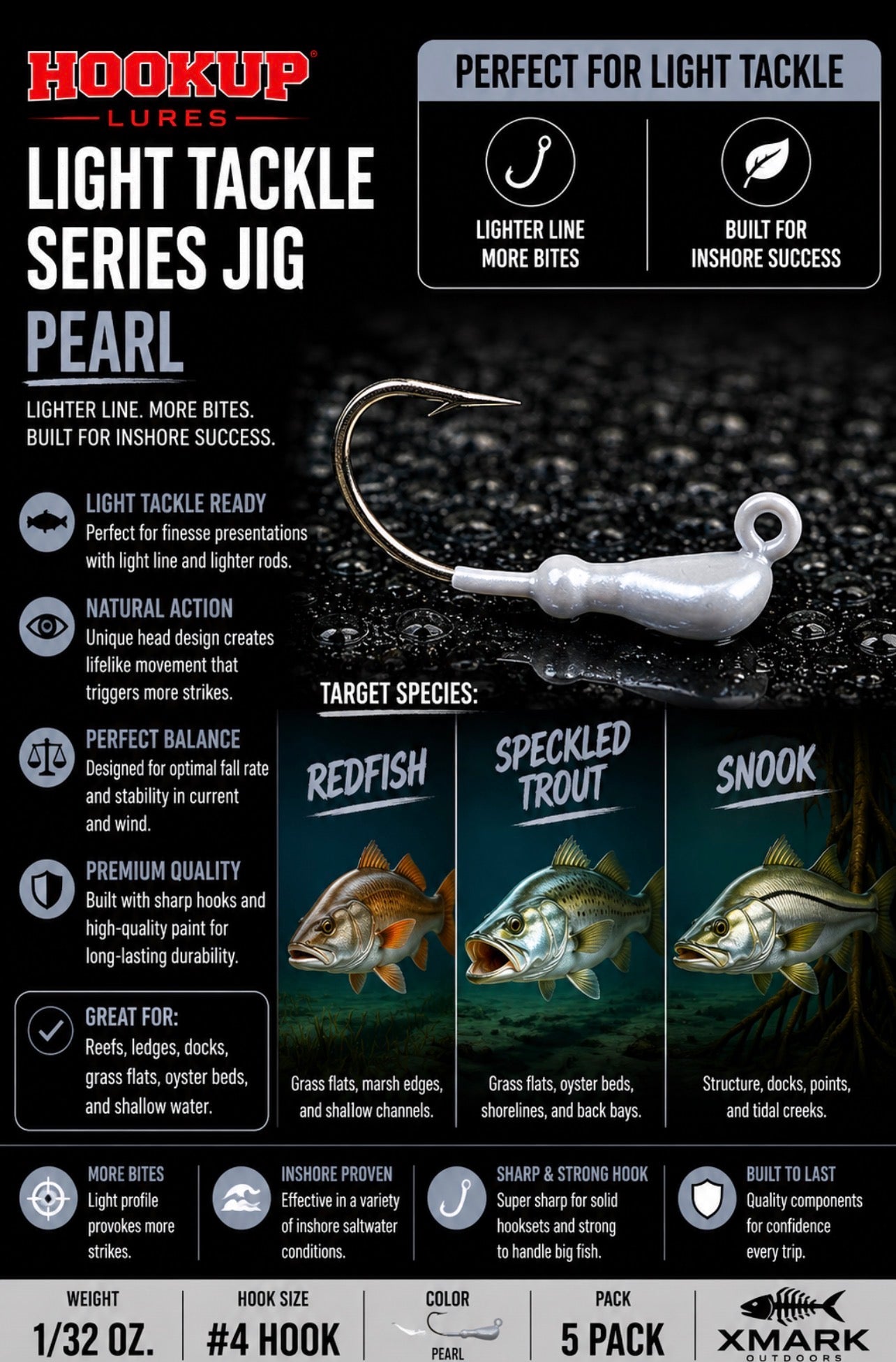 Hookup Lures Light Tackle Series Jig Head 1/32 oz #4 Hook (5 Pack)