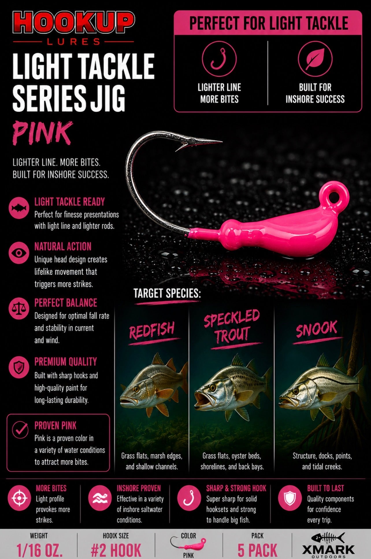 Hookup Lures Light Tackle Series Jig Head 1/16 oz #2 Hook (5 Pack)