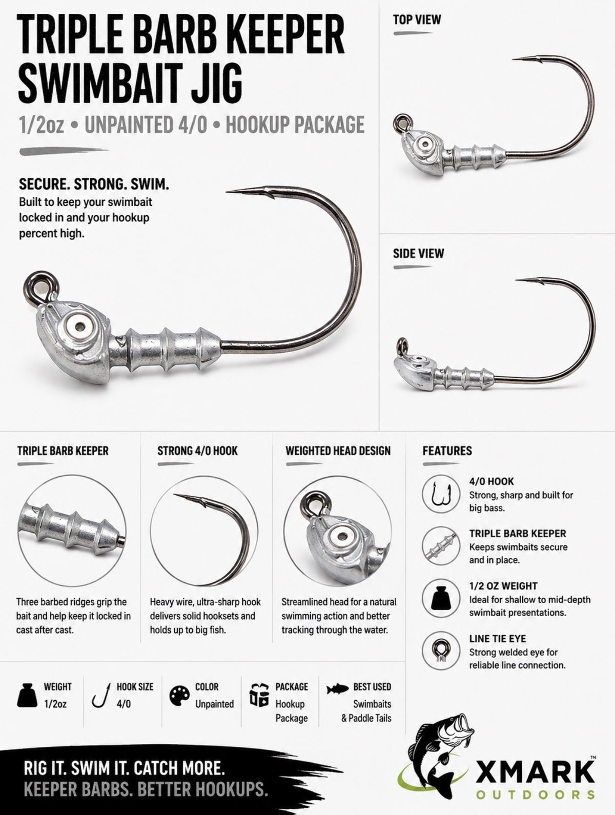 Hookup Lures Triple Barb Keeper Swimbait Jig Head (6 PK)