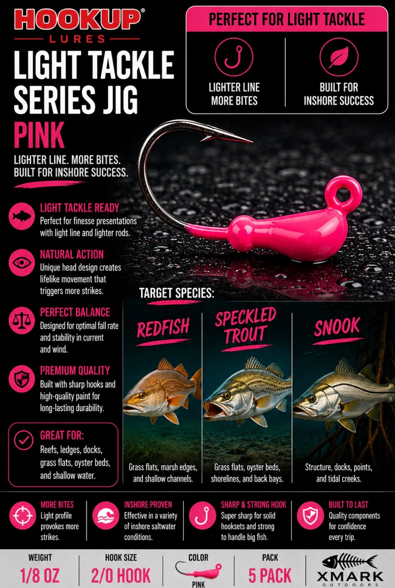 Hookup Lures Light Tackle Series Jig Head 1/8 oz 2/0 Hook (5 Pack)