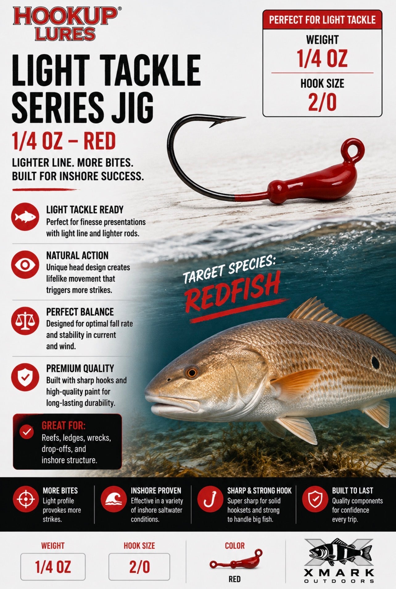Hookup Lures Light Tackle Series Jig Head 1/4 oz 2/0 Hook (5 Pack)