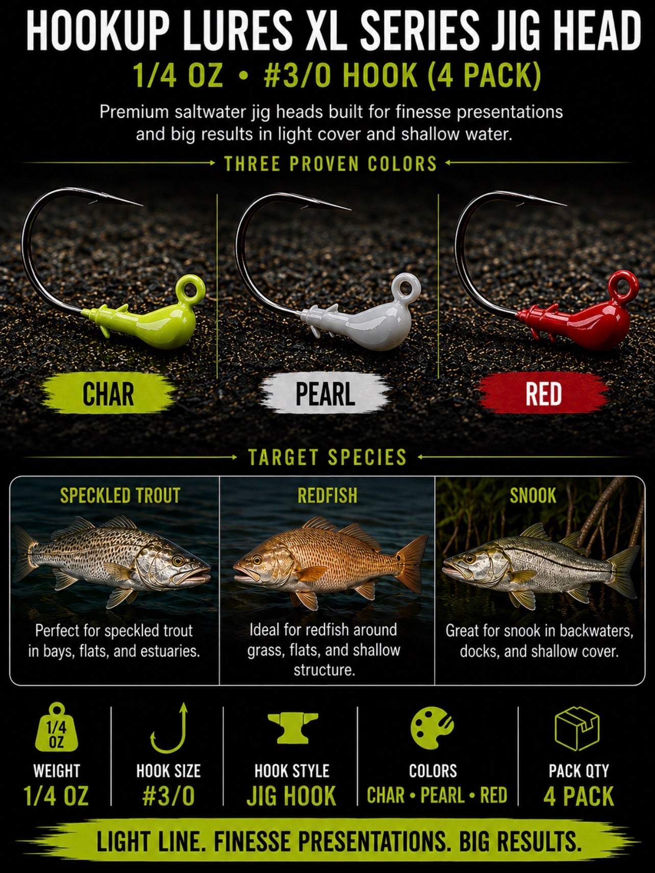 Hookup Lures XL Series Jig Head 1/4 oz 3/0 Hook (4 Pack)