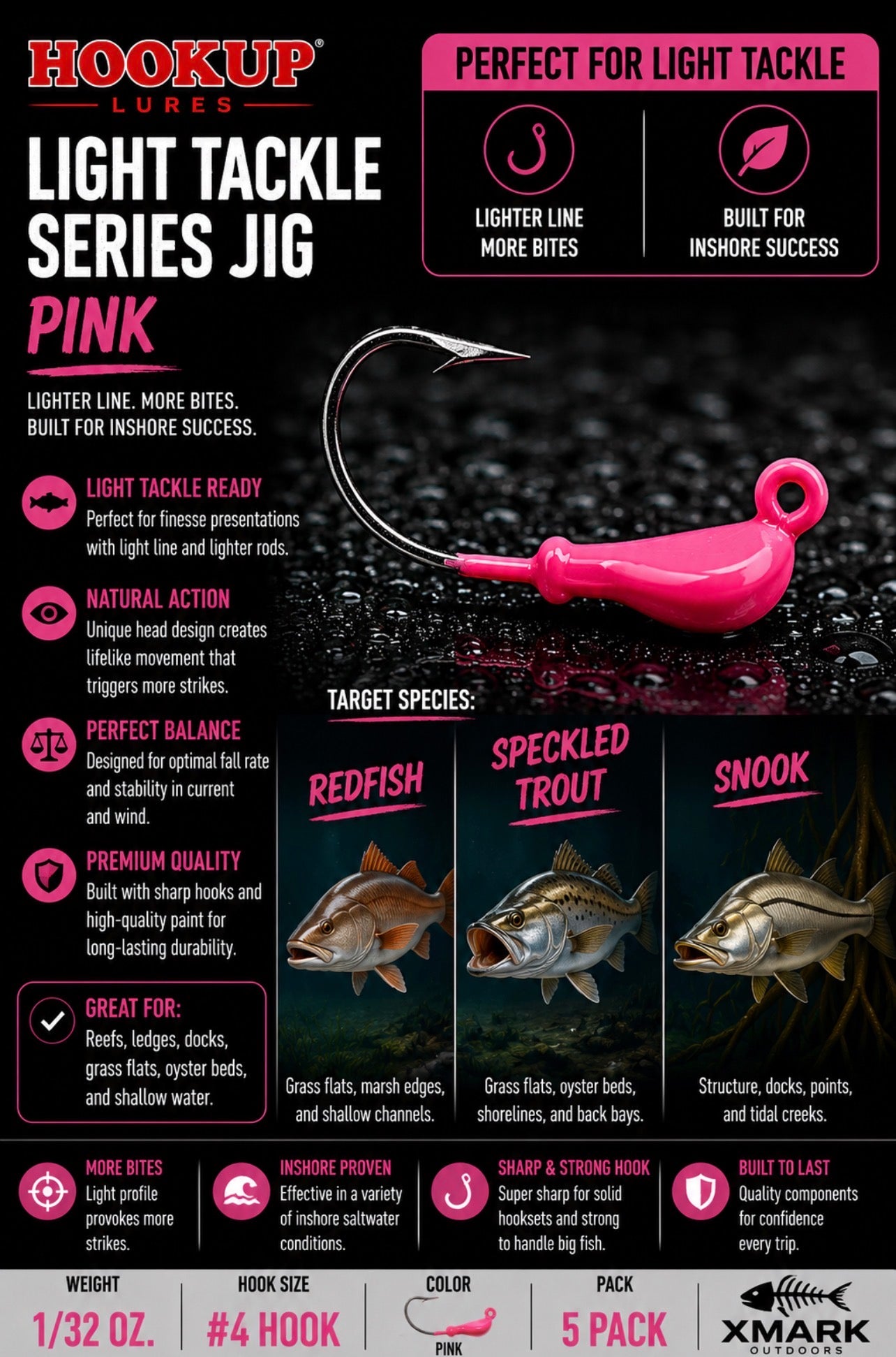 Hookup Lures Light Tackle Series Jig Head 1/32 oz #4 Hook (5 Pack)