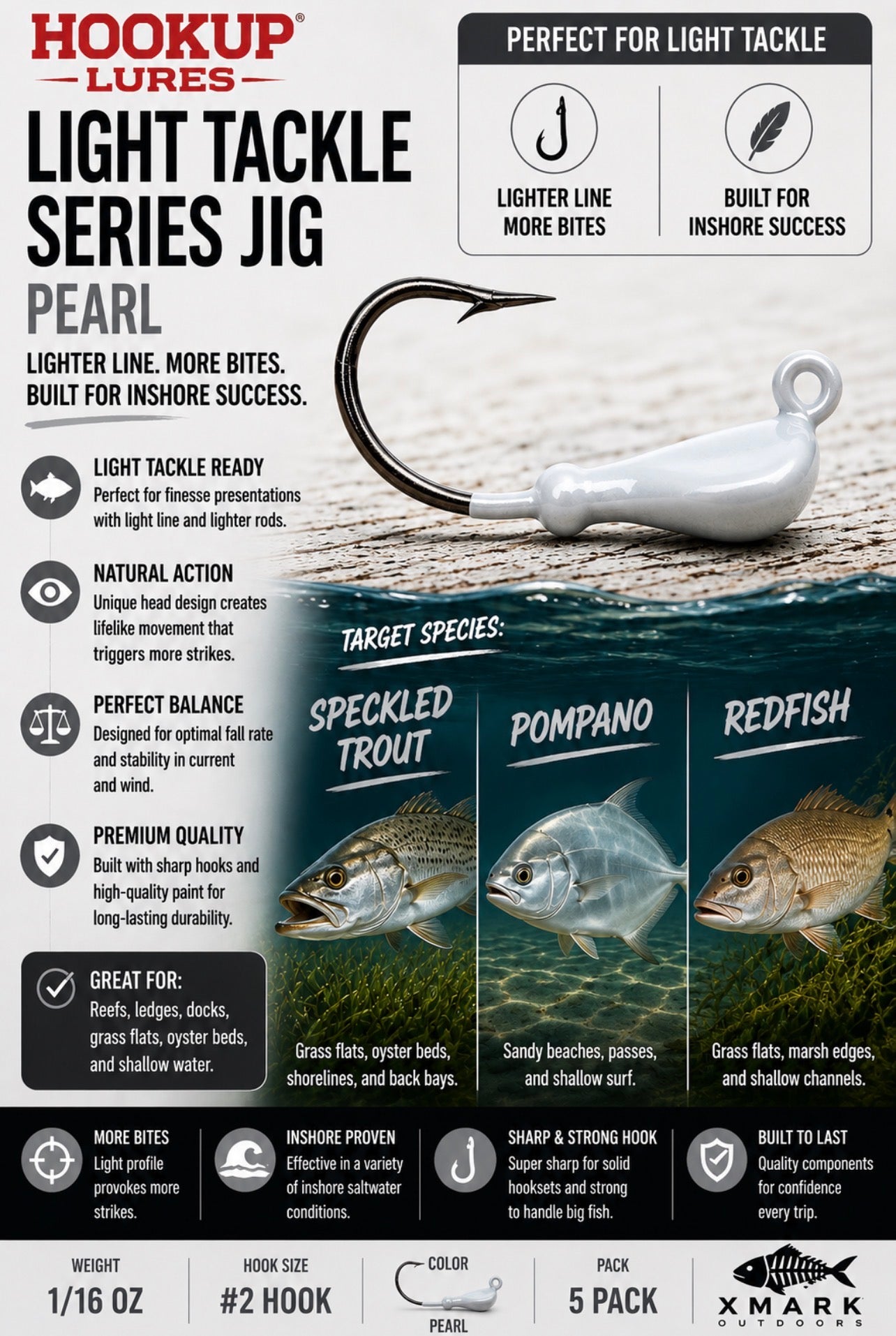 Hookup Lures Light Tackle Series Jig Head 1/16 oz #2 Hook (5 pack)