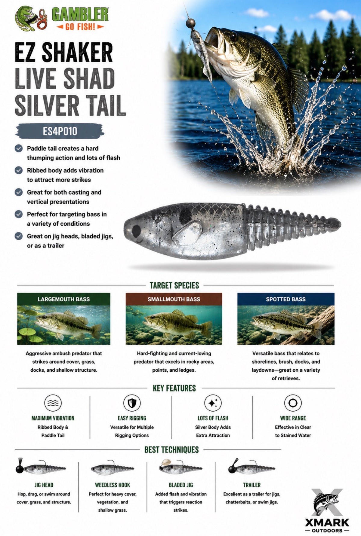 Gambler EZ Shaker 4" Swimbait (3 Bodies & 2 Tail Harnesses)
