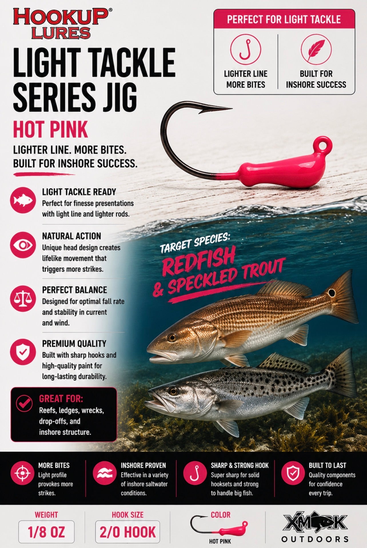 Hookup Lures Light Tackle Series Jig Head 1/8 oz 2/0 Hook (5 Pack)