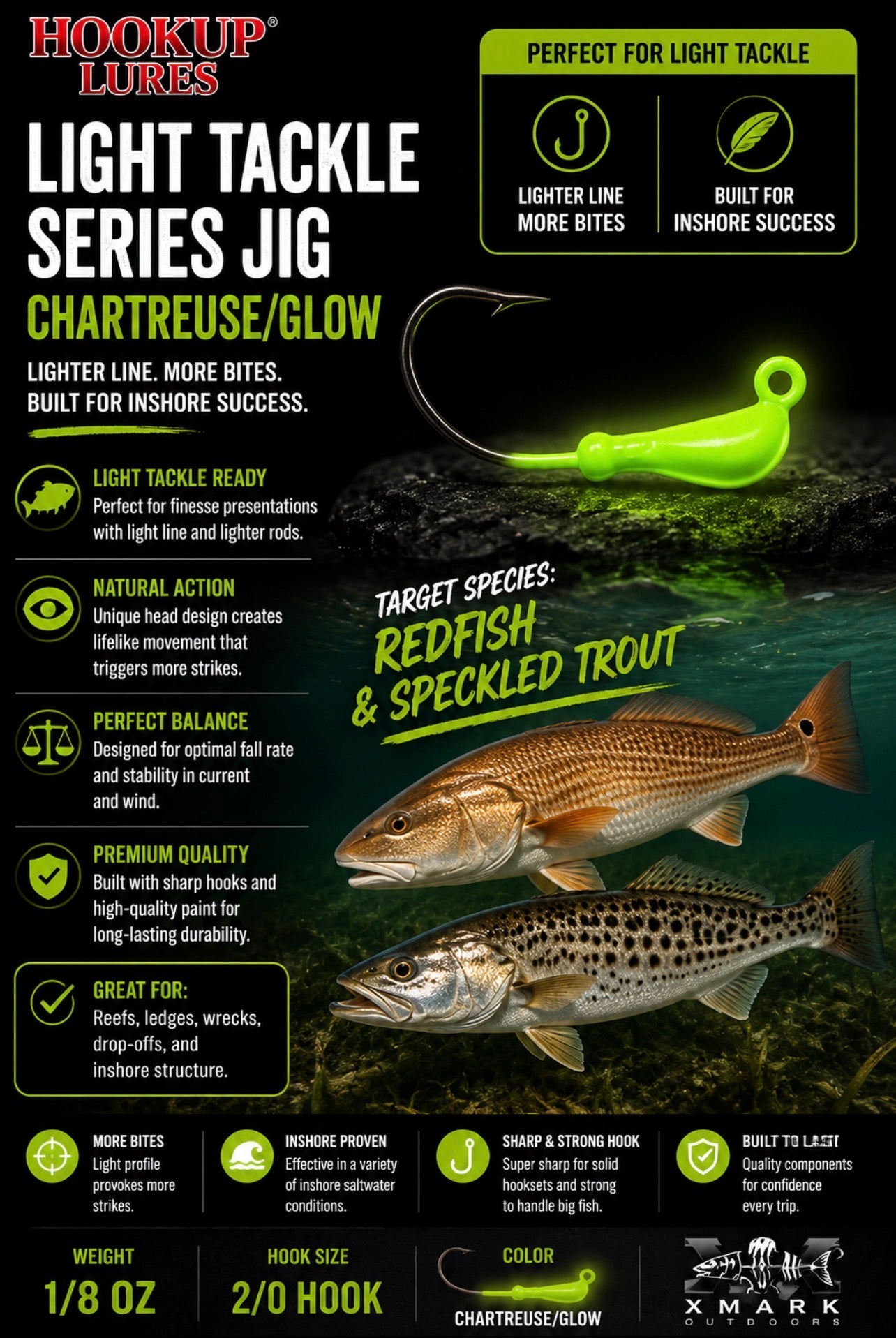 Hookup Lures Light Tackle Series Jig Head 1/8 oz 2/0 Hook (5 Pack)