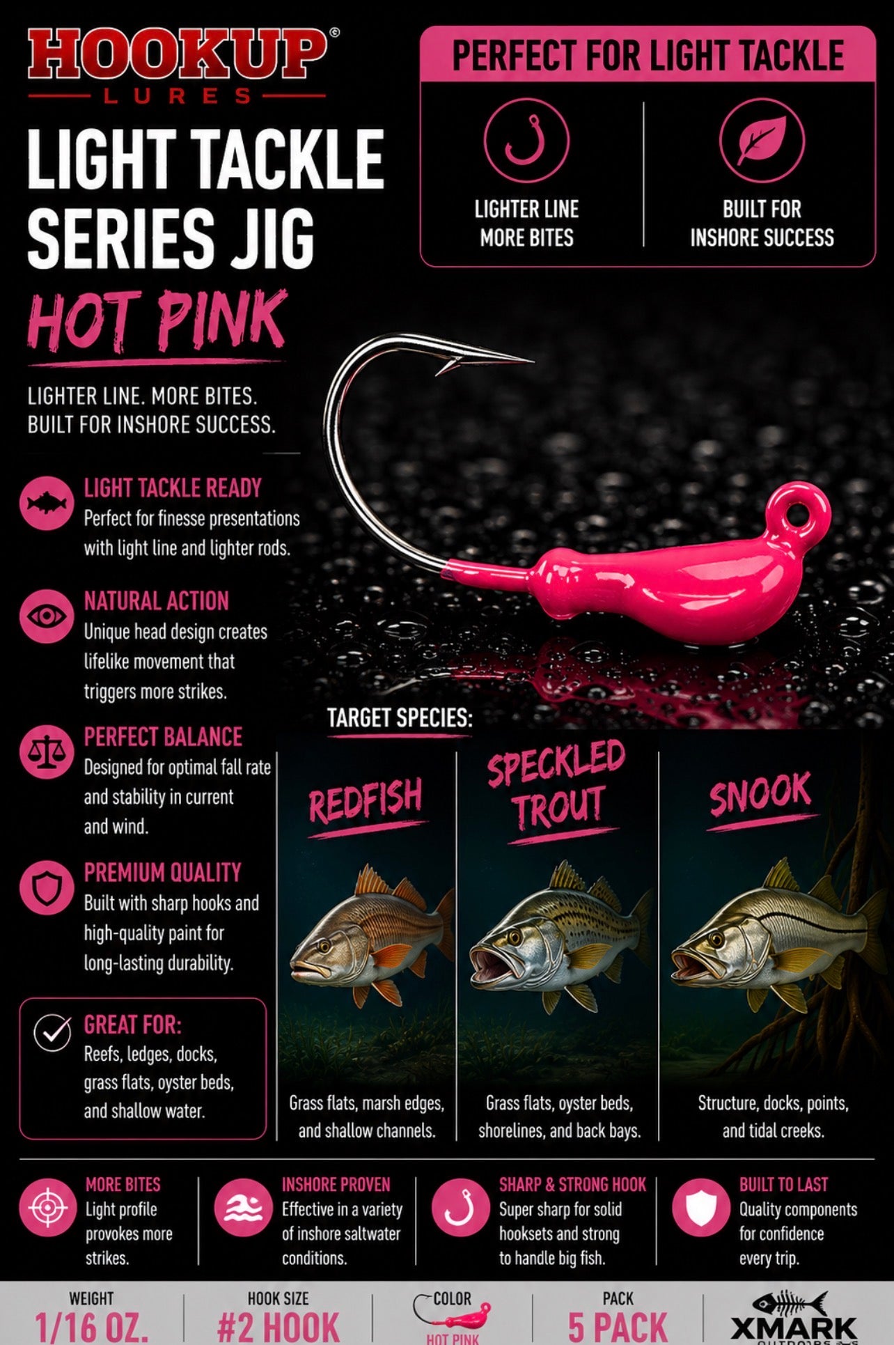 Hookup Lures Light Tackle Series Jig Head 1/16 oz #2 Hook (5 Pack)