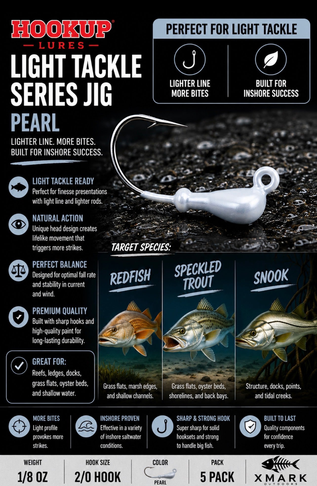 Hookup Lures Light Tackle Series Jig Head 1/8 oz 2/0 Hook (5 Pack)