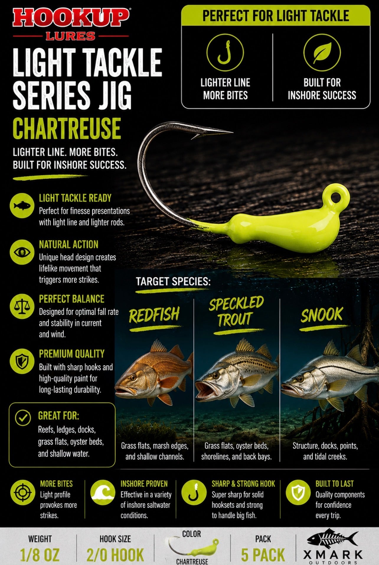Hookup Lures Light Tackle Series Jig Head 1/8 oz 2/0 Hook (5 Pack)
