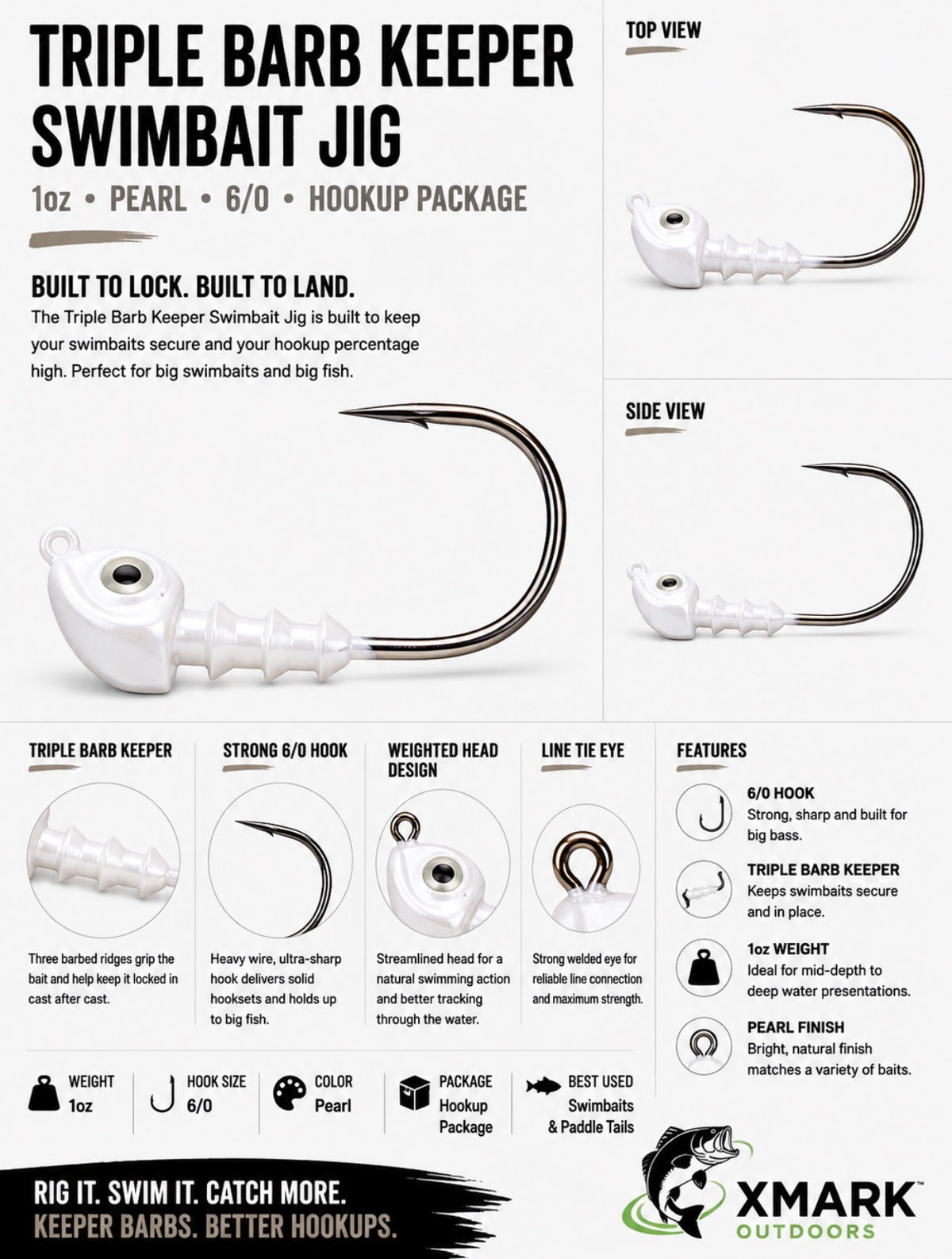 Hookup Lures Triple Barb Keeper Swimbait Jig Head (6 PK)