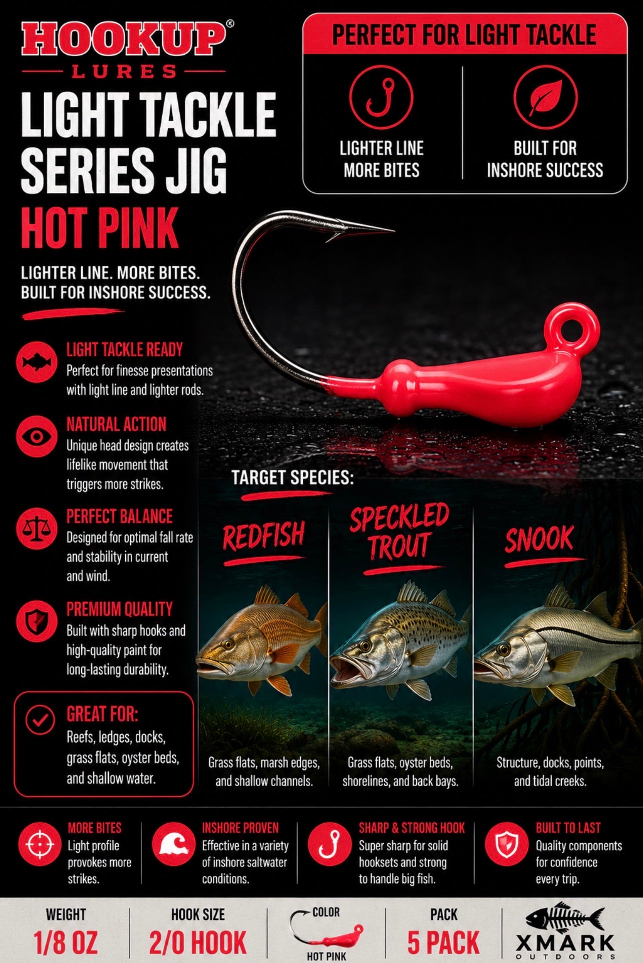 Hookup Lures Light Tackle Series Jig Head 1/8 oz 2/0 Hook (5 Pack)