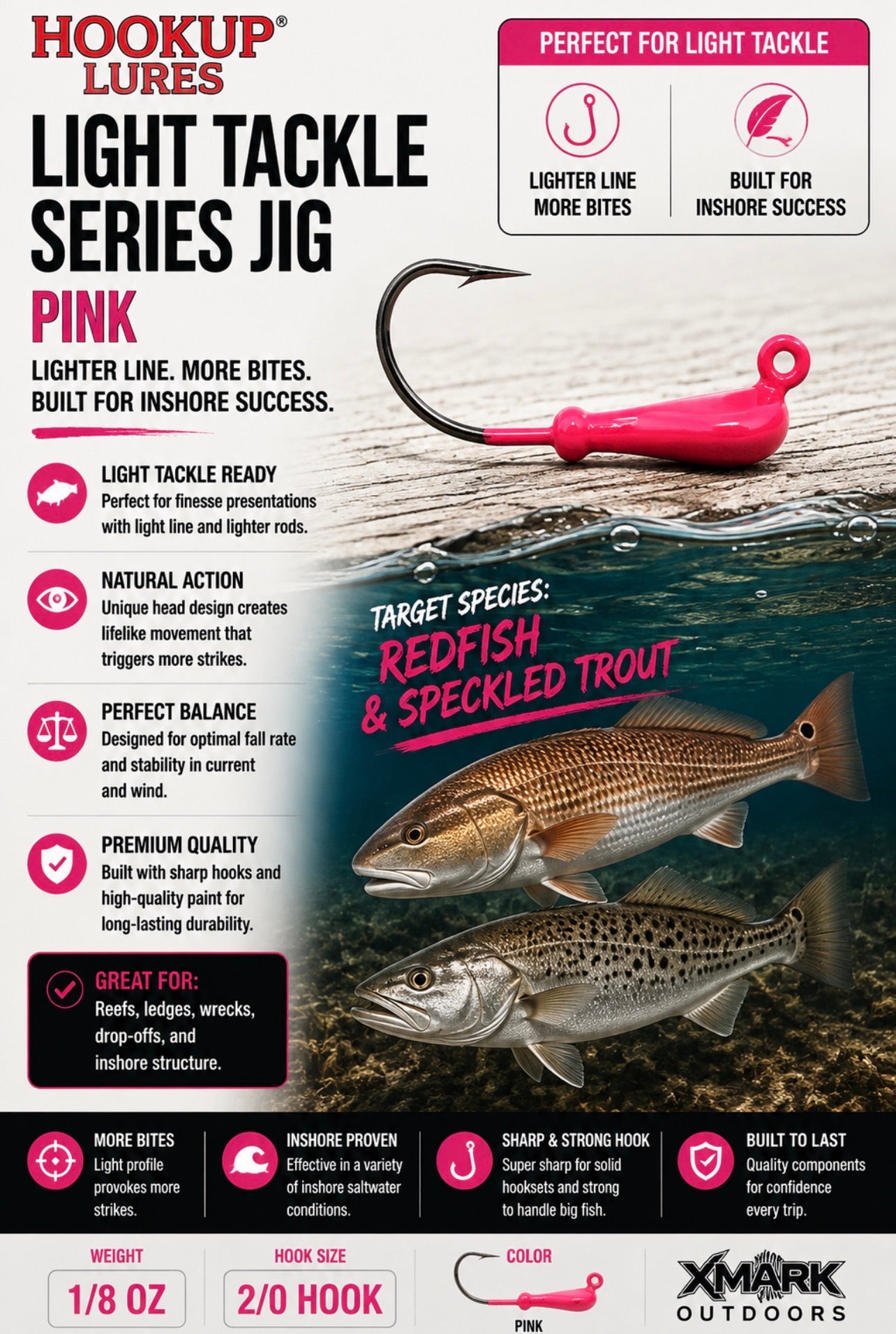 Hookup Lures Light Tackle Series Jig Head 1/8 oz 2/0 Hook (5 Pack)