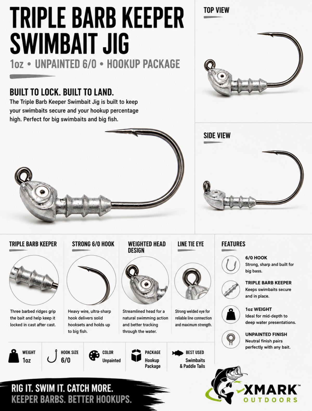Hookup Lures Triple Barb Keeper Swimbait Jig Head (6 PK)