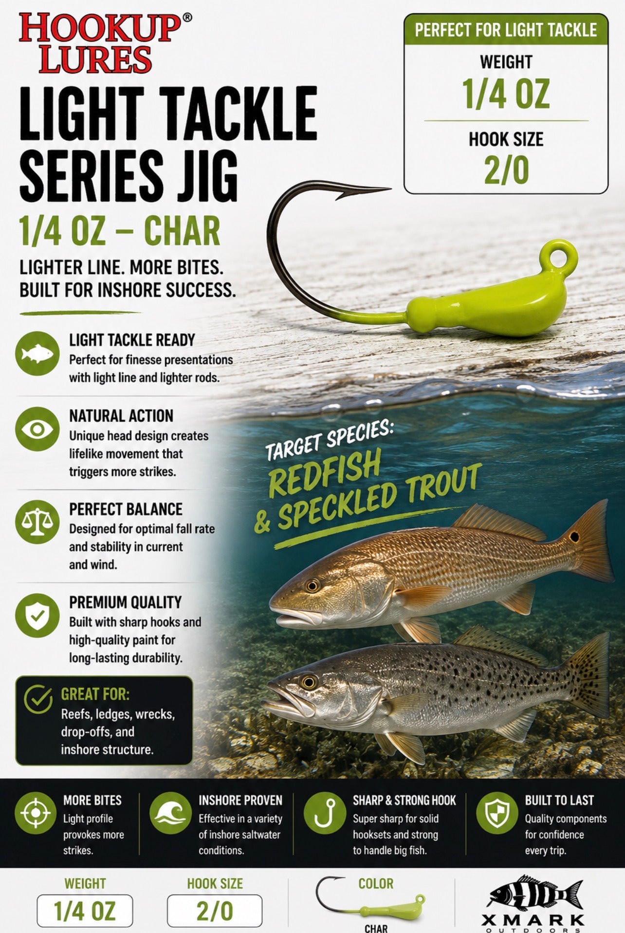Hookup Lures Light Tackle Series Jig Head 1/4 oz 2/0 Hook (5 Pack)