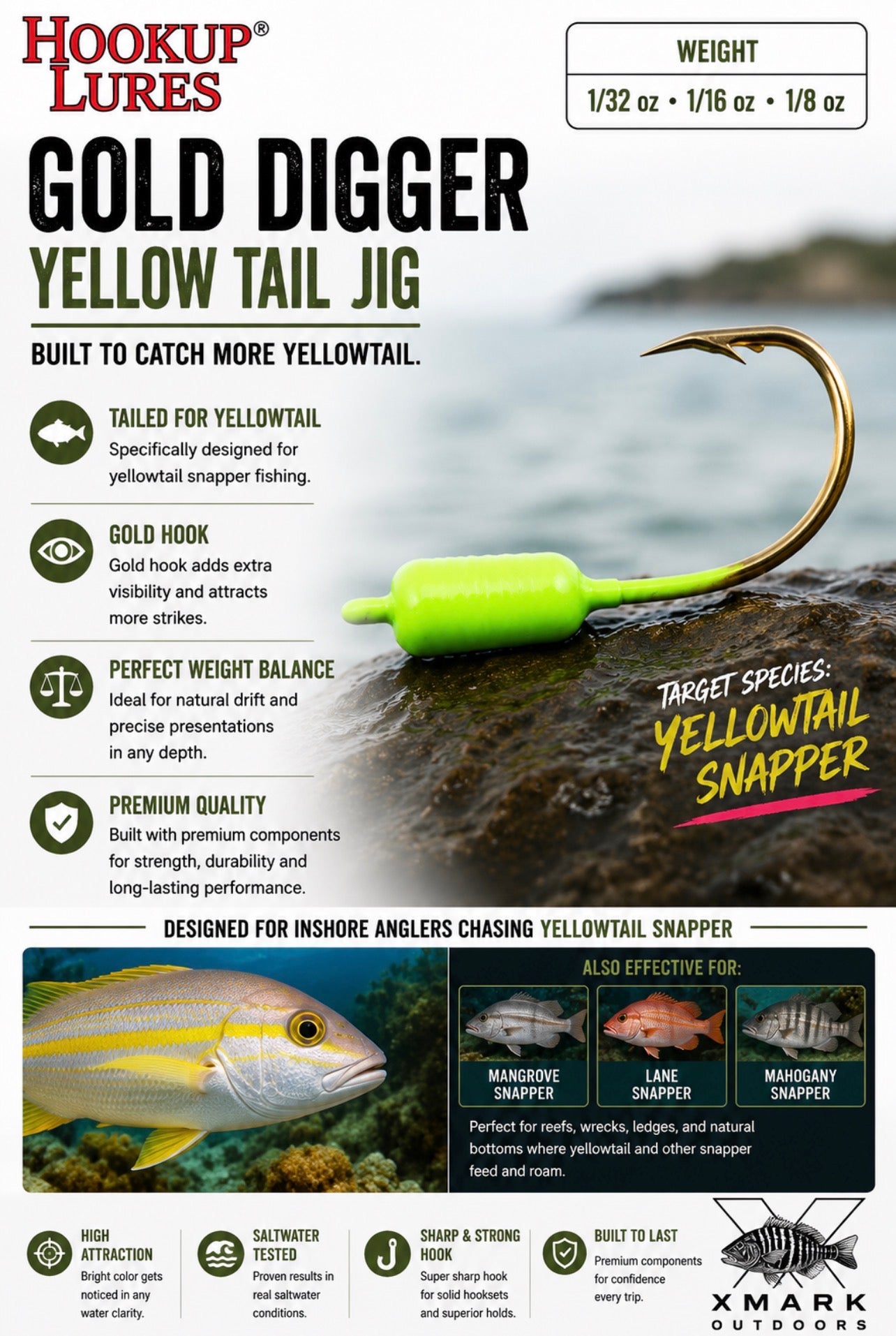 Hookup Lures Gold Digger Yellow Tail Jig (4 Pack)