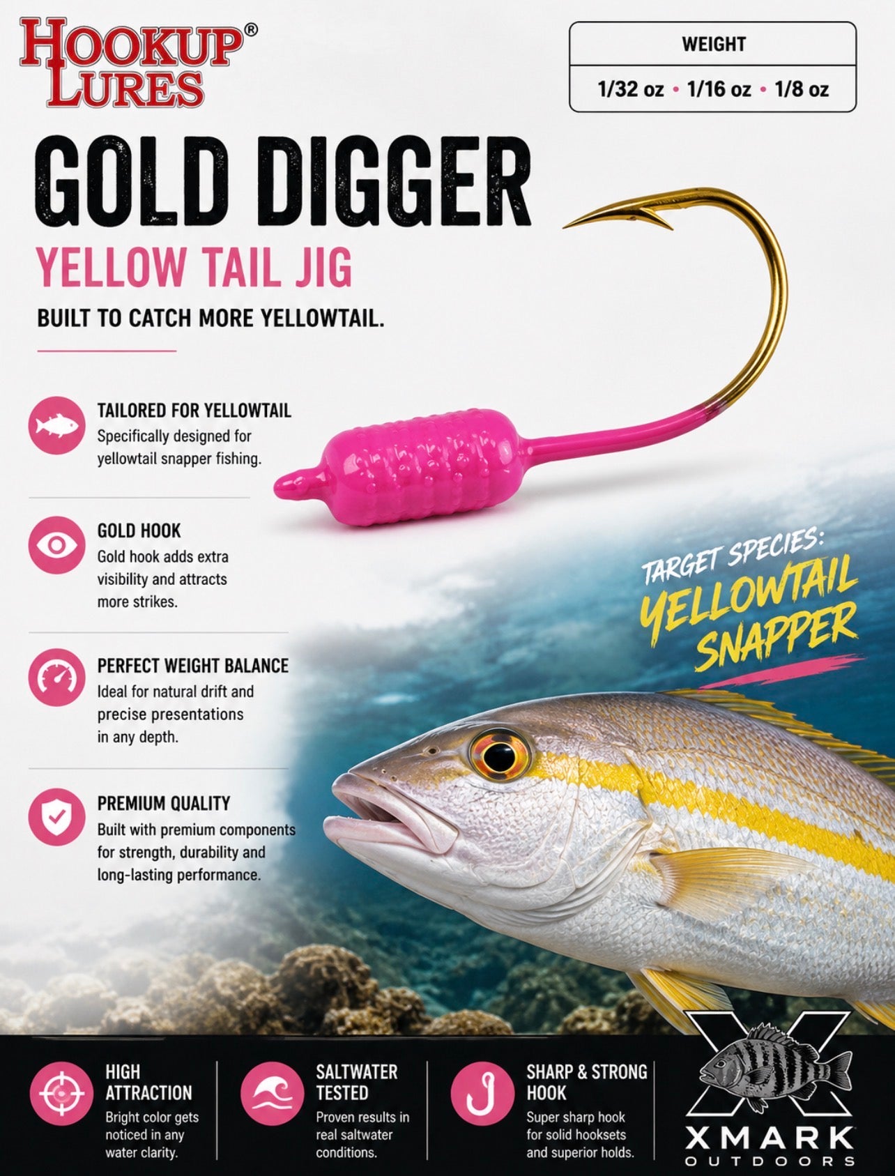 Hookup Lures Gold Digger Yellow Tail Jig (4 Pack)
