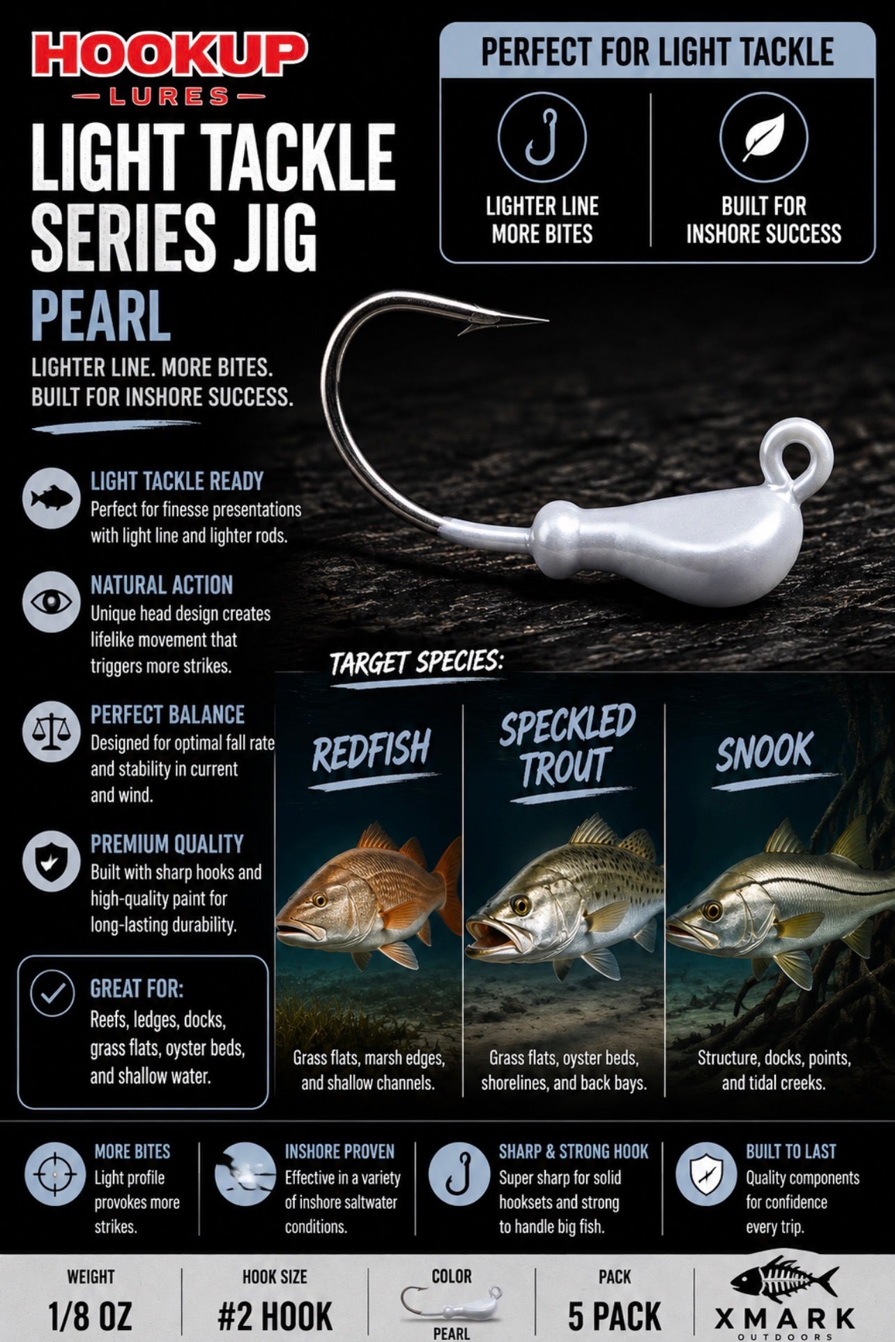 Hookup Lures Light Tackle Series Jig Head 1/8 oz #2 Hook (5 Pack)