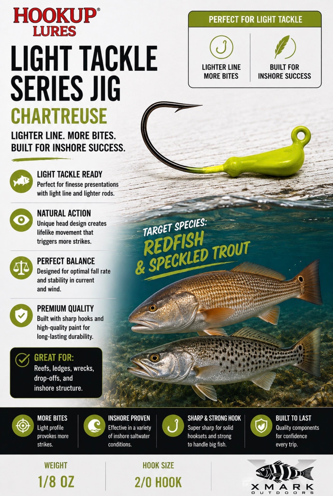 Hookup Lures Light Tackle Series Jig Head 1/8 oz 2/0 Hook (5 Pack)