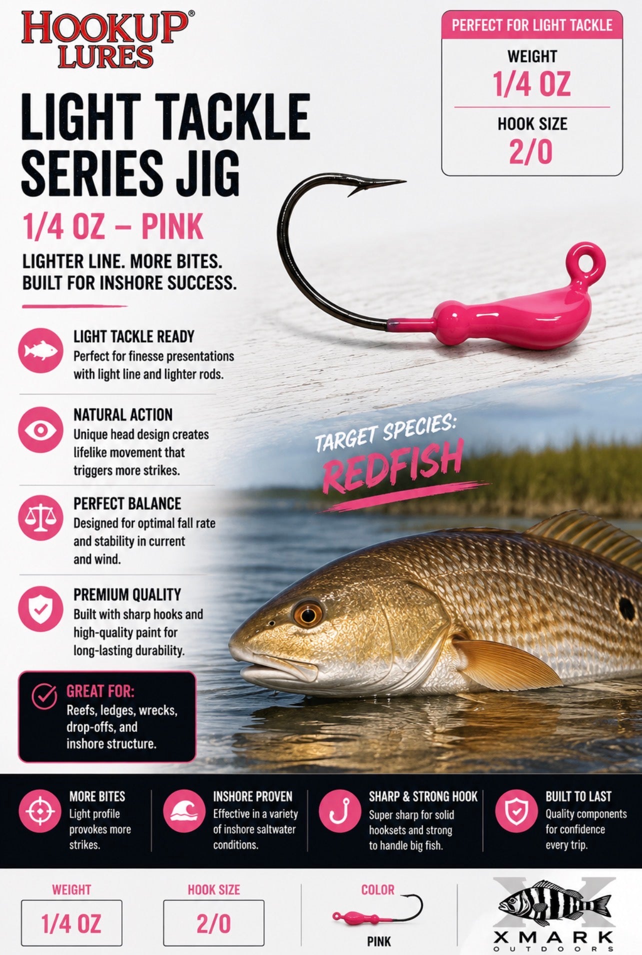 Hookup Lures Light Tackle Series Jig Head 1/4 oz 2/0 Hook (5 Pack)