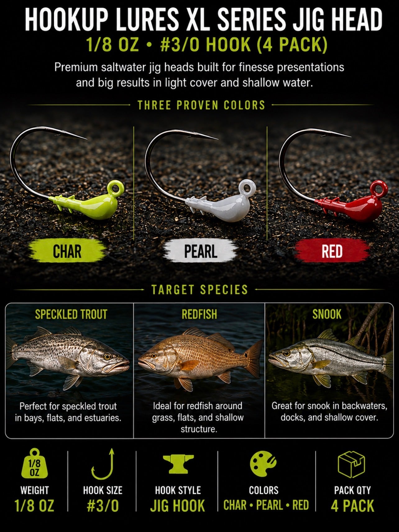 Hookup Lures XL Series Jig Head 1/16 oz 3/0 Hook (4 Pack)