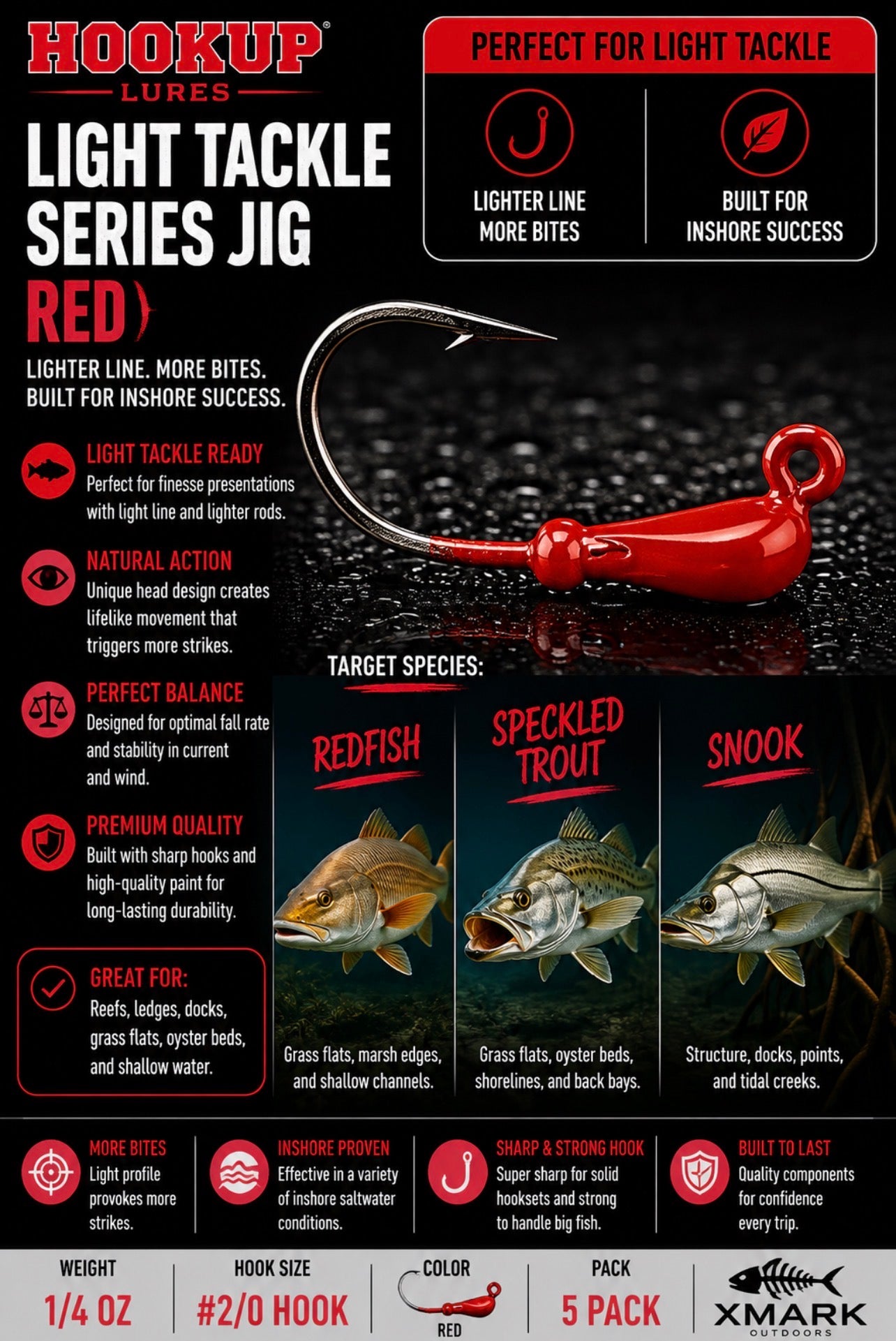 Hookup Lures Light Tackle Series Jig Head 1/4 oz 2/0 Hook (5 Pack)