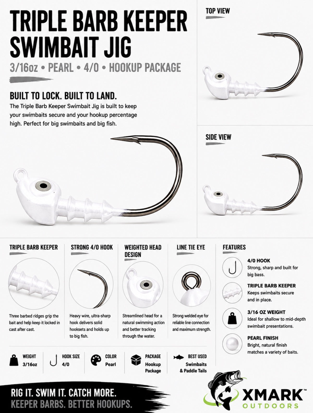 Hookup Lures Triple Barb Keeper Swimbait Jig Head (6 PK)