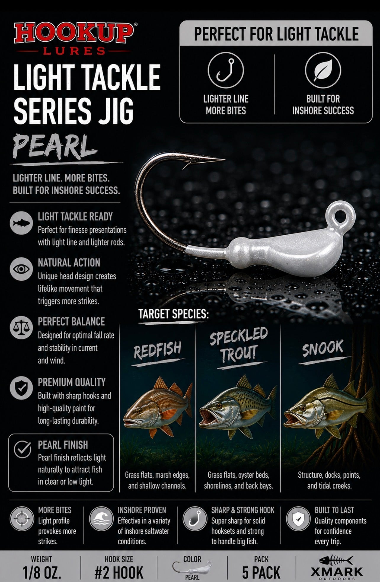 Hookup Lures Light Tackle Series Jig Head 1/8 oz #2 Hook (5 Pack)